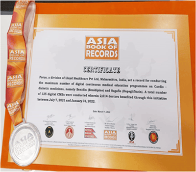 Successfully Created Asia Book of Record under the category For conducting The maximum number of digital Continuous medical education programs on cardio-diabetic medicines(Benidin & Sugaflo) Total 125 digital CMEs were conducted where in 2,014 doctors benefited